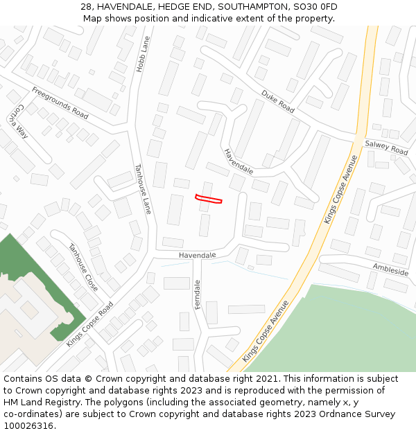 28, HAVENDALE, HEDGE END, SOUTHAMPTON, SO30 0FD: Location map and indicative extent of plot