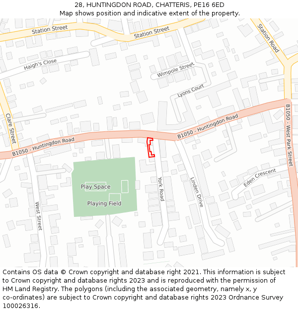 28, HUNTINGDON ROAD, CHATTERIS, PE16 6ED: Location map and indicative extent of plot
