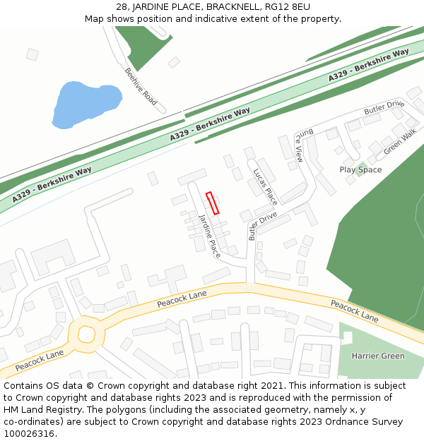 28, JARDINE PLACE, BRACKNELL, RG12 8EU: Location map and indicative extent of plot