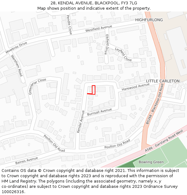 28, KENDAL AVENUE, BLACKPOOL, FY3 7LG: Location map and indicative extent of plot