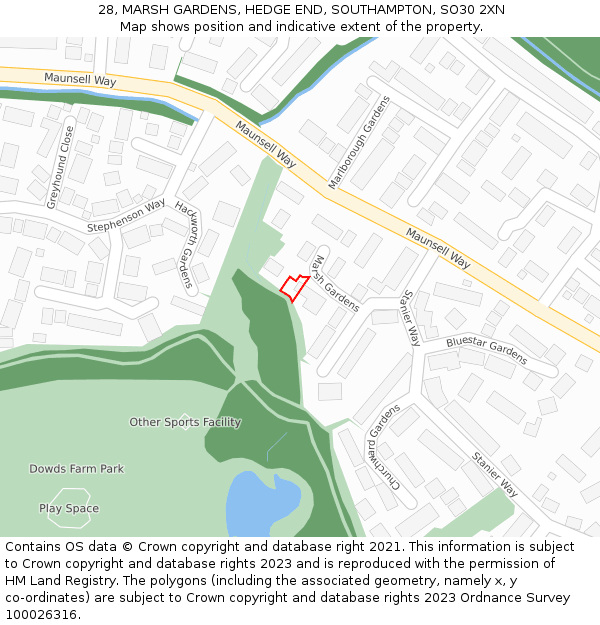 28, MARSH GARDENS, HEDGE END, SOUTHAMPTON, SO30 2XN: Location map and indicative extent of plot