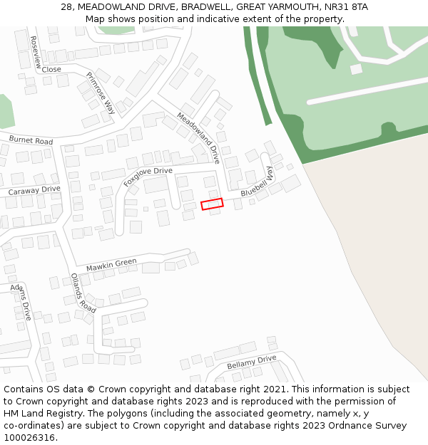 28, MEADOWLAND DRIVE, BRADWELL, GREAT YARMOUTH, NR31 8TA: Location map and indicative extent of plot