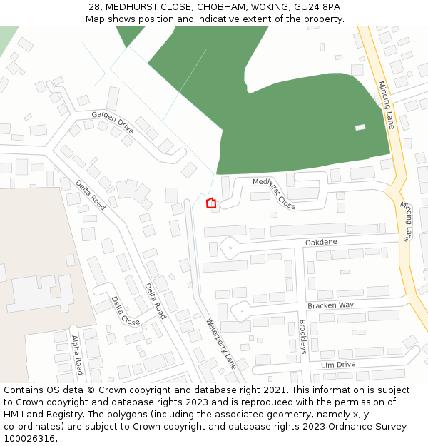 28, MEDHURST CLOSE, CHOBHAM, WOKING, GU24 8PA: Location map and indicative extent of plot