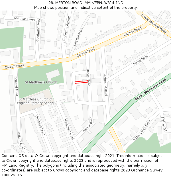 28, MERTON ROAD, MALVERN, WR14 1ND: Location map and indicative extent of plot