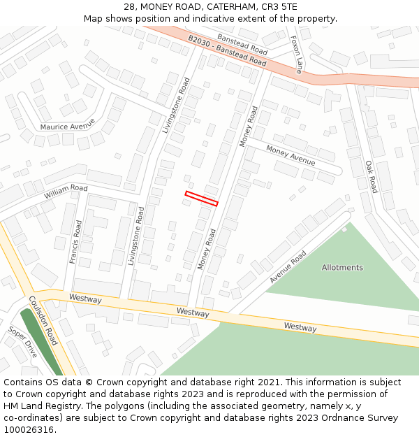 28, MONEY ROAD, CATERHAM, CR3 5TE: Location map and indicative extent of plot