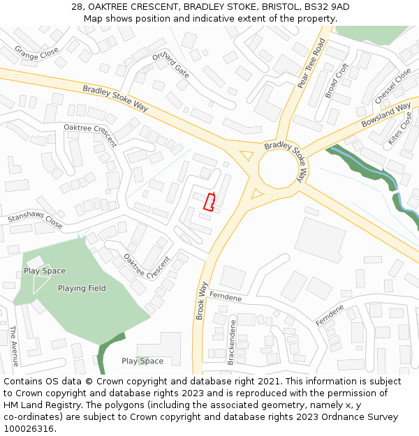 28, OAKTREE CRESCENT, BRADLEY STOKE, BRISTOL, BS32 9AD: Location map and indicative extent of plot