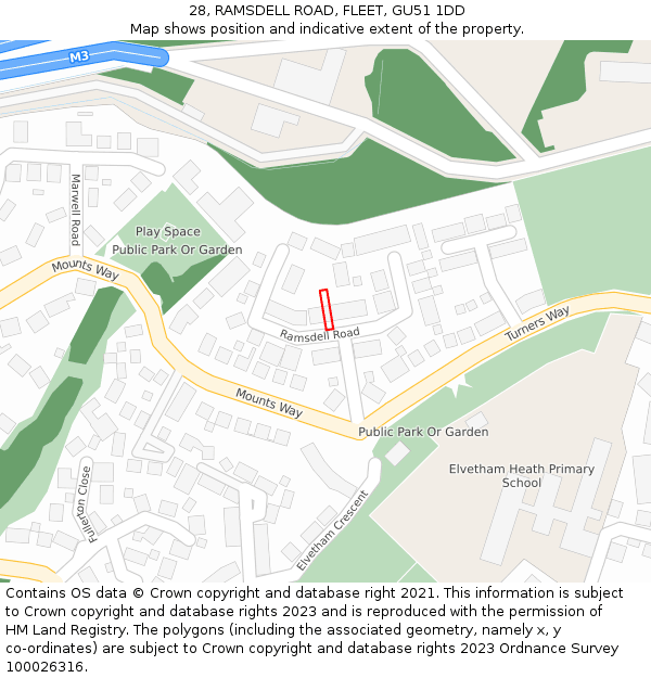 28, RAMSDELL ROAD, FLEET, GU51 1DD: Location map and indicative extent of plot