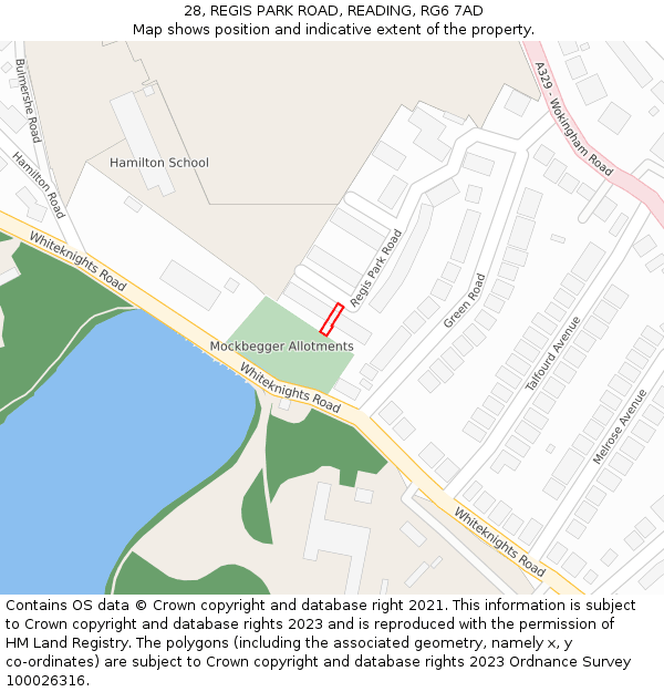 28, REGIS PARK ROAD, READING, RG6 7AD: Location map and indicative extent of plot