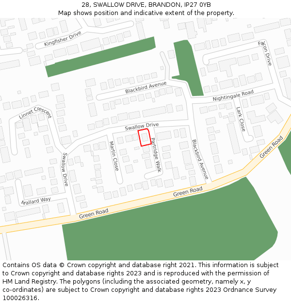 28, SWALLOW DRIVE, BRANDON, IP27 0YB: Location map and indicative extent of plot