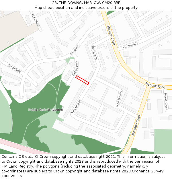 28, THE DOWNS, HARLOW, CM20 3RE: Location map and indicative extent of plot