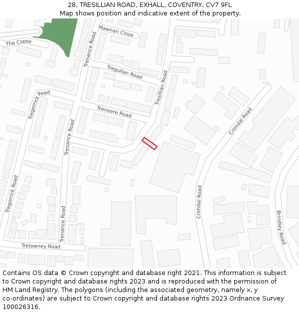 28, TRESILLIAN ROAD, EXHALL, COVENTRY, CV7 9FL: Location map and indicative extent of plot