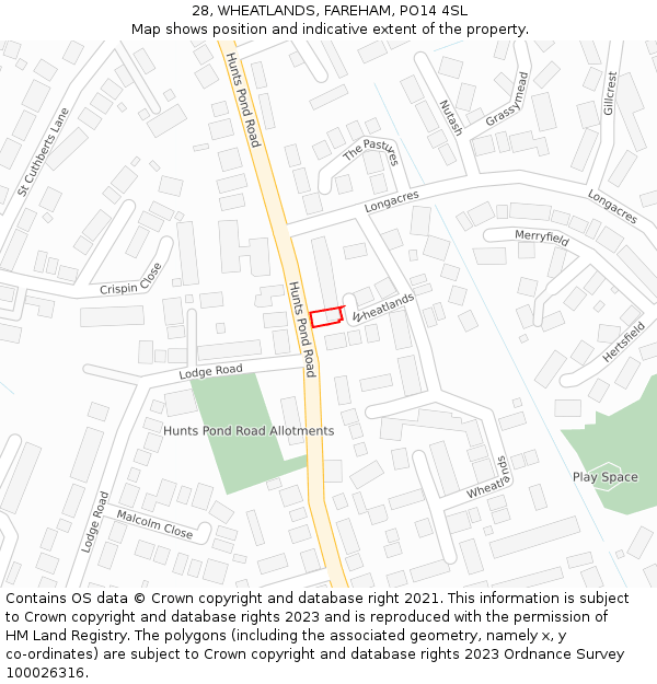 28, WHEATLANDS, FAREHAM, PO14 4SL: Location map and indicative extent of plot