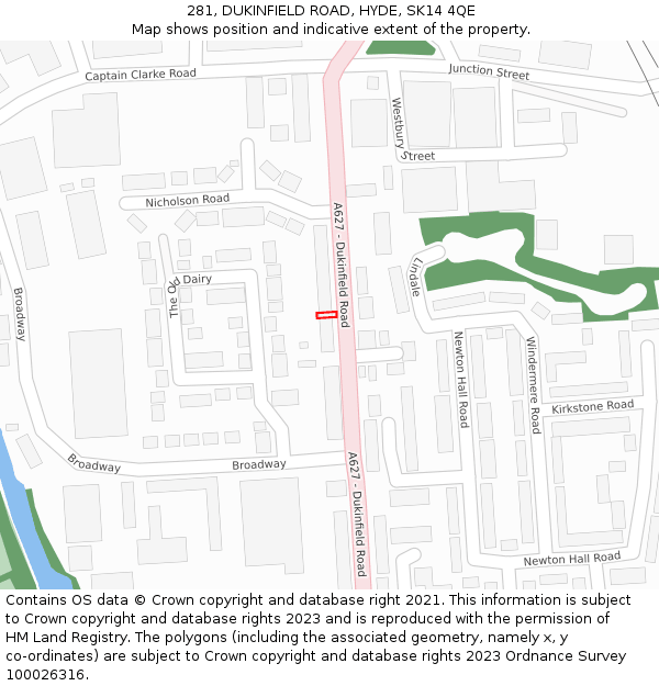 281, DUKINFIELD ROAD, HYDE, SK14 4QE: Location map and indicative extent of plot