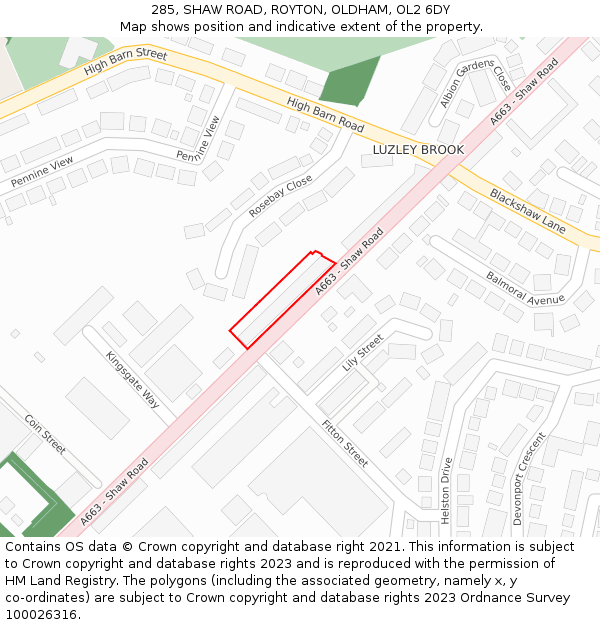 285, SHAW ROAD, ROYTON, OLDHAM, OL2 6DY: Location map and indicative extent of plot