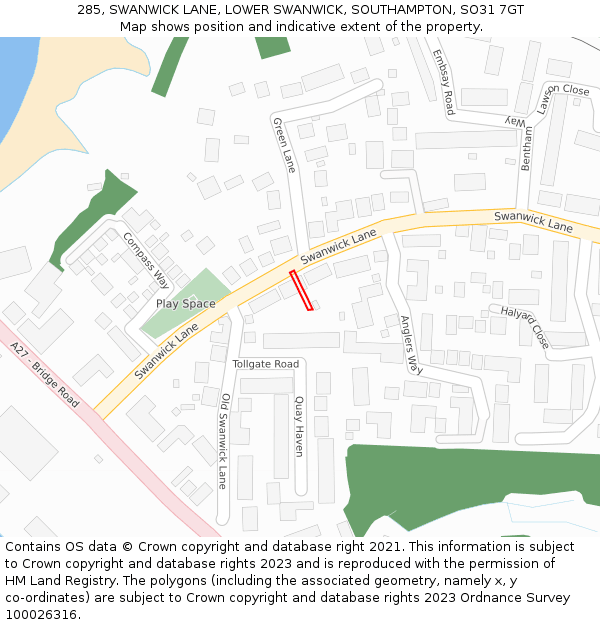285, SWANWICK LANE, LOWER SWANWICK, SOUTHAMPTON, SO31 7GT: Location map and indicative extent of plot