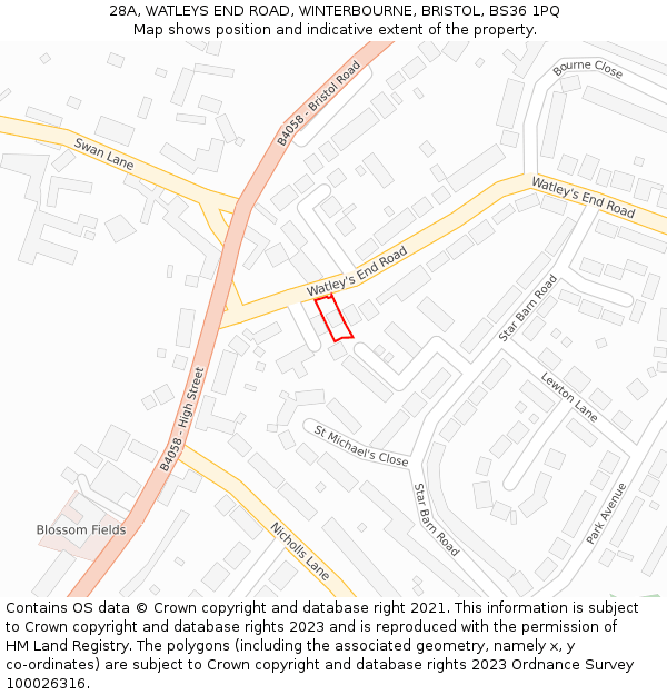 28A, WATLEYS END ROAD, WINTERBOURNE, BRISTOL, BS36 1PQ: Location map and indicative extent of plot