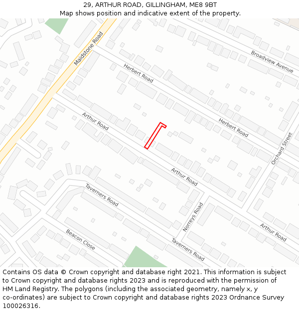 29, ARTHUR ROAD, GILLINGHAM, ME8 9BT: Location map and indicative extent of plot