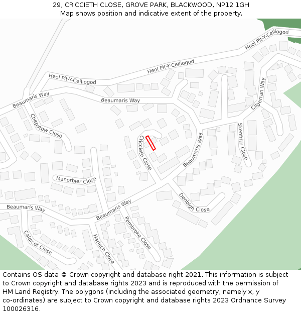 29, CRICCIETH CLOSE, GROVE PARK, BLACKWOOD, NP12 1GH: Location map and indicative extent of plot
