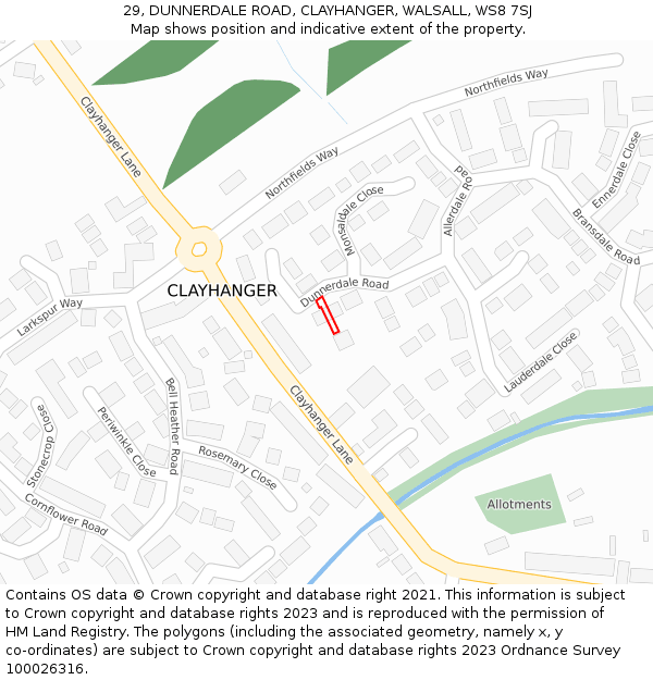 29, DUNNERDALE ROAD, CLAYHANGER, WALSALL, WS8 7SJ: Location map and indicative extent of plot