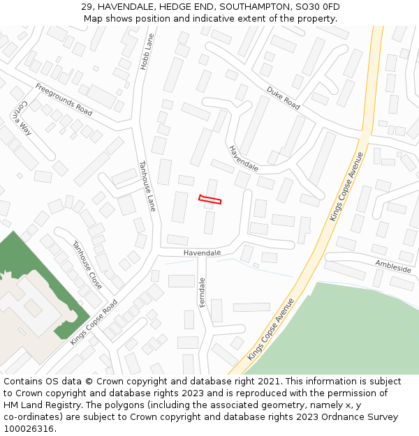 29, HAVENDALE, HEDGE END, SOUTHAMPTON, SO30 0FD: Location map and indicative extent of plot