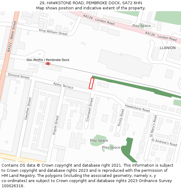29, HAWKSTONE ROAD, PEMBROKE DOCK, SA72 6HN: Location map and indicative extent of plot