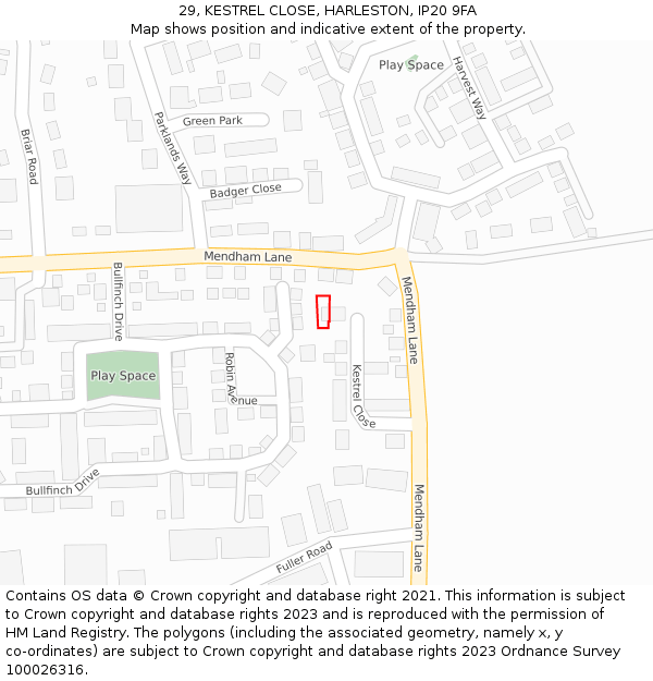 29, KESTREL CLOSE, HARLESTON, IP20 9FA: Location map and indicative extent of plot