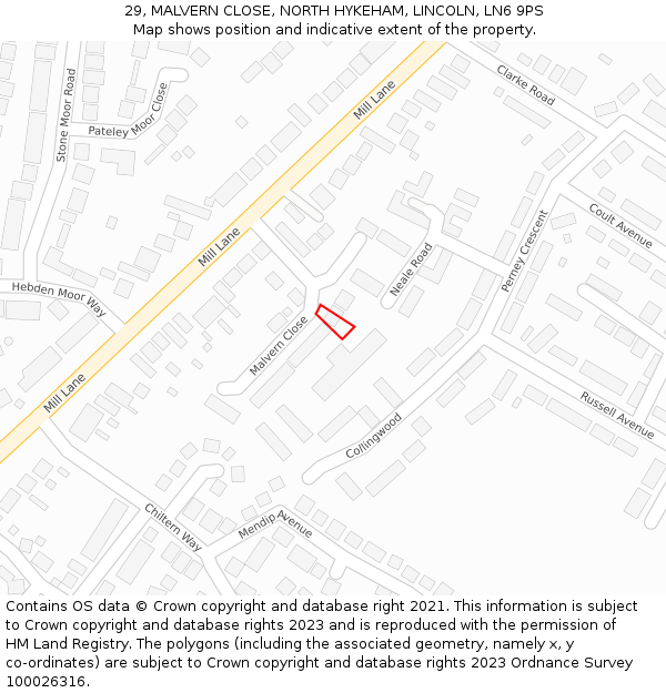 29, MALVERN CLOSE, NORTH HYKEHAM, LINCOLN, LN6 9PS: Location map and indicative extent of plot