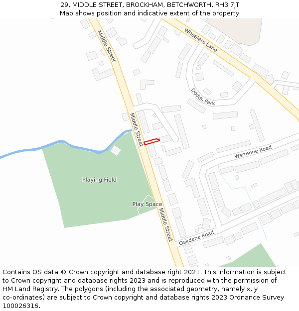 29, MIDDLE STREET, BROCKHAM, BETCHWORTH, RH3 7JT: Location map and indicative extent of plot