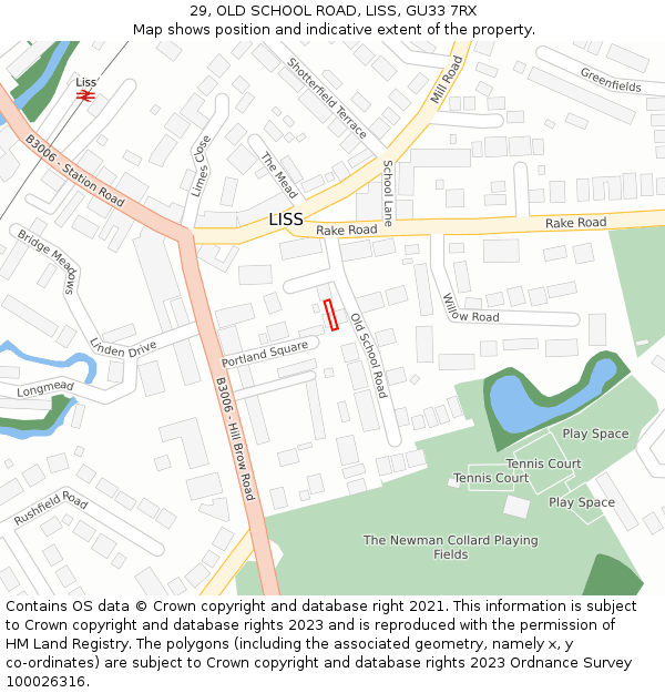 29, OLD SCHOOL ROAD, LISS, GU33 7RX: Location map and indicative extent of plot