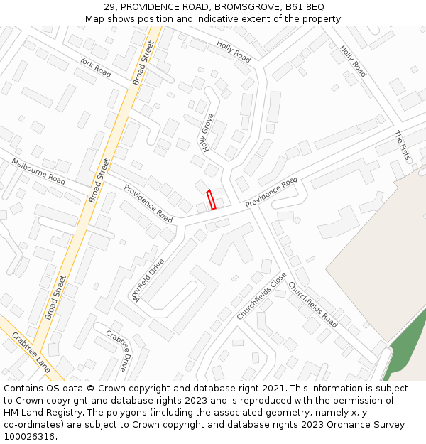 29, PROVIDENCE ROAD, BROMSGROVE, B61 8EQ: Location map and indicative extent of plot