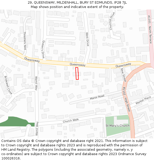 29, QUEENSWAY, MILDENHALL, BURY ST EDMUNDS, IP28 7JL: Location map and indicative extent of plot