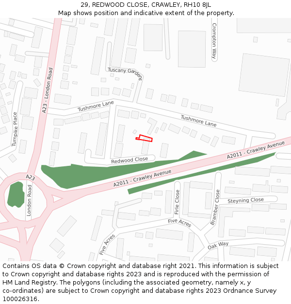29, REDWOOD CLOSE, CRAWLEY, RH10 8JL: Location map and indicative extent of plot