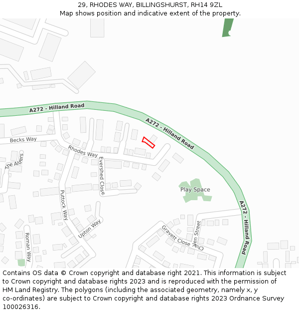 29, RHODES WAY, BILLINGSHURST, RH14 9ZL: Location map and indicative extent of plot
