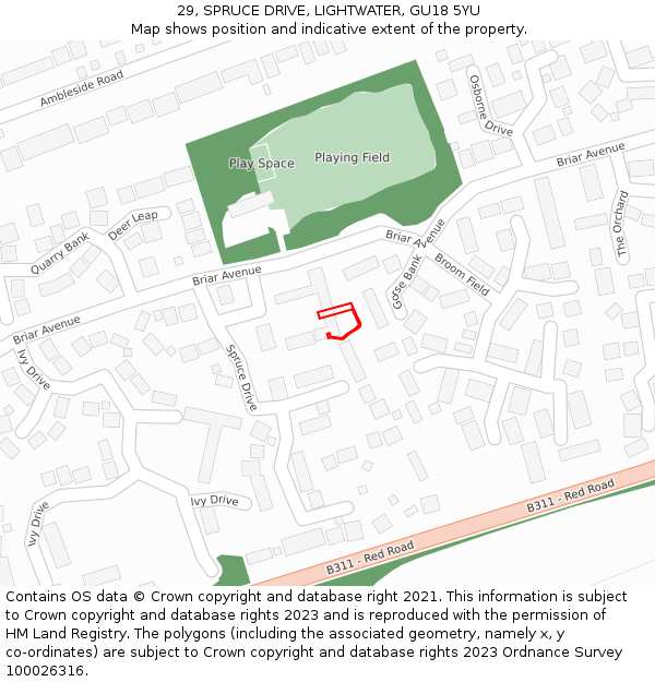 29, SPRUCE DRIVE, LIGHTWATER, GU18 5YU: Location map and indicative extent of plot