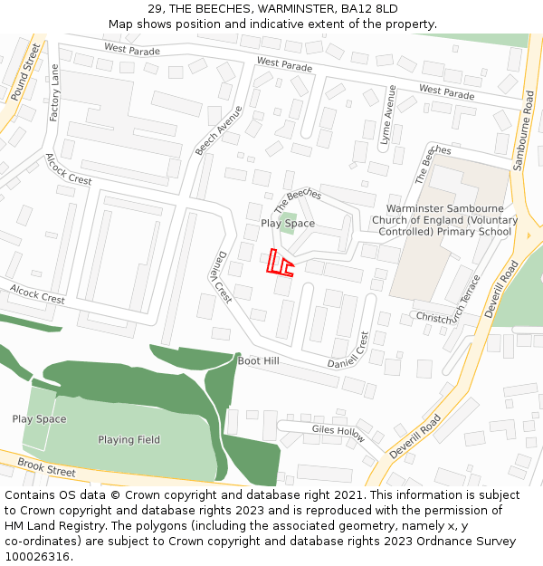 29, THE BEECHES, WARMINSTER, BA12 8LD: Location map and indicative extent of plot