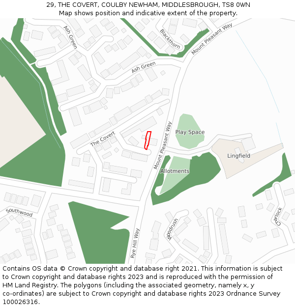 29, THE COVERT, COULBY NEWHAM, MIDDLESBROUGH, TS8 0WN: Location map and indicative extent of plot