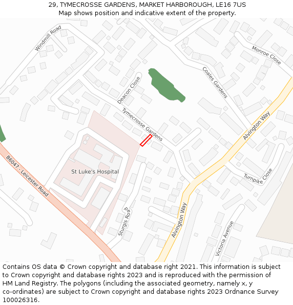 29, TYMECROSSE GARDENS, MARKET HARBOROUGH, LE16 7US: Location map and indicative extent of plot