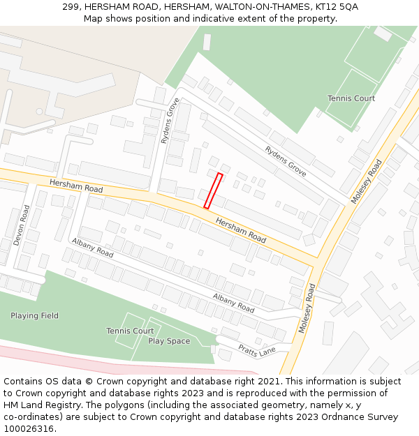 299, HERSHAM ROAD, HERSHAM, WALTON-ON-THAMES, KT12 5QA: Location map and indicative extent of plot
