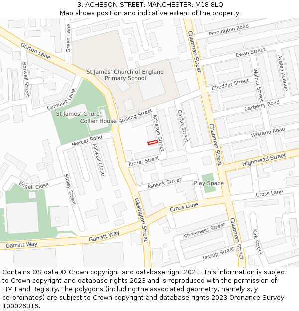 3, ACHESON STREET, MANCHESTER, M18 8LQ: Location map and indicative extent of plot