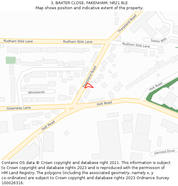 3, BAXTER CLOSE, FAKENHAM, NR21 8LE: Location map and indicative extent of plot