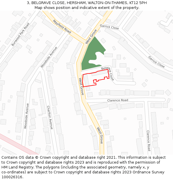 3, BELGRAVE CLOSE, HERSHAM, WALTON-ON-THAMES, KT12 5PH: Location map and indicative extent of plot