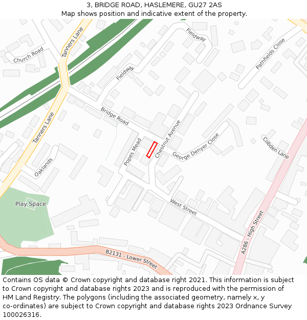 3, BRIDGE ROAD, HASLEMERE, GU27 2AS: Location map and indicative extent of plot