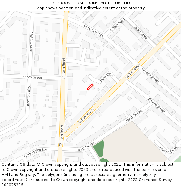 3, BROOK CLOSE, DUNSTABLE, LU6 1HD: Location map and indicative extent of plot