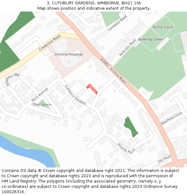 3, CUTHBURY GARDENS, WIMBORNE, BH21 1YA: Location map and indicative extent of plot