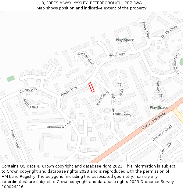 3, FREESIA WAY, YAXLEY, PETERBOROUGH, PE7 3WA: Location map and indicative extent of plot