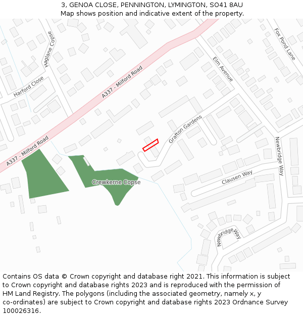 3, GENOA CLOSE, PENNINGTON, LYMINGTON, SO41 8AU: Location map and indicative extent of plot