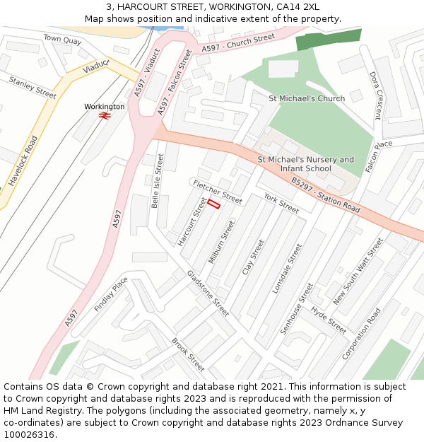 3, HARCOURT STREET, WORKINGTON, CA14 2XL: Location map and indicative extent of plot