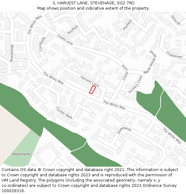 3, HARVEST LANE, STEVENAGE, SG2 7RD: Location map and indicative extent of plot