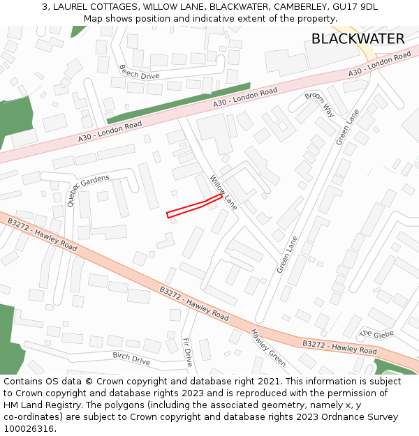 3, LAUREL COTTAGES, WILLOW LANE, BLACKWATER, CAMBERLEY, GU17 9DL: Location map and indicative extent of plot