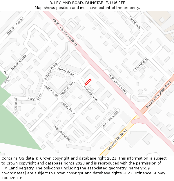 3, LEYLAND ROAD, DUNSTABLE, LU6 1FF: Location map and indicative extent of plot